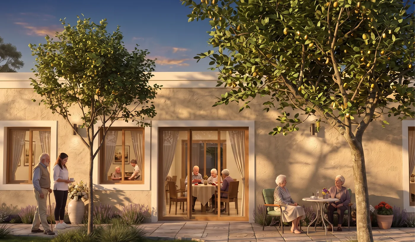 Render del comedor y estar nuevos vistos desde el parque