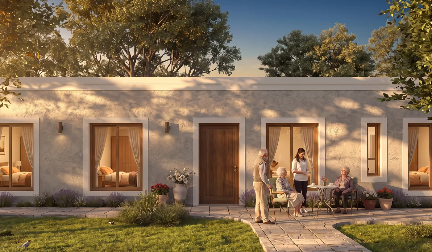 Render del frente de las habitaciones nuevas, con el jardín y una mesa en el patio