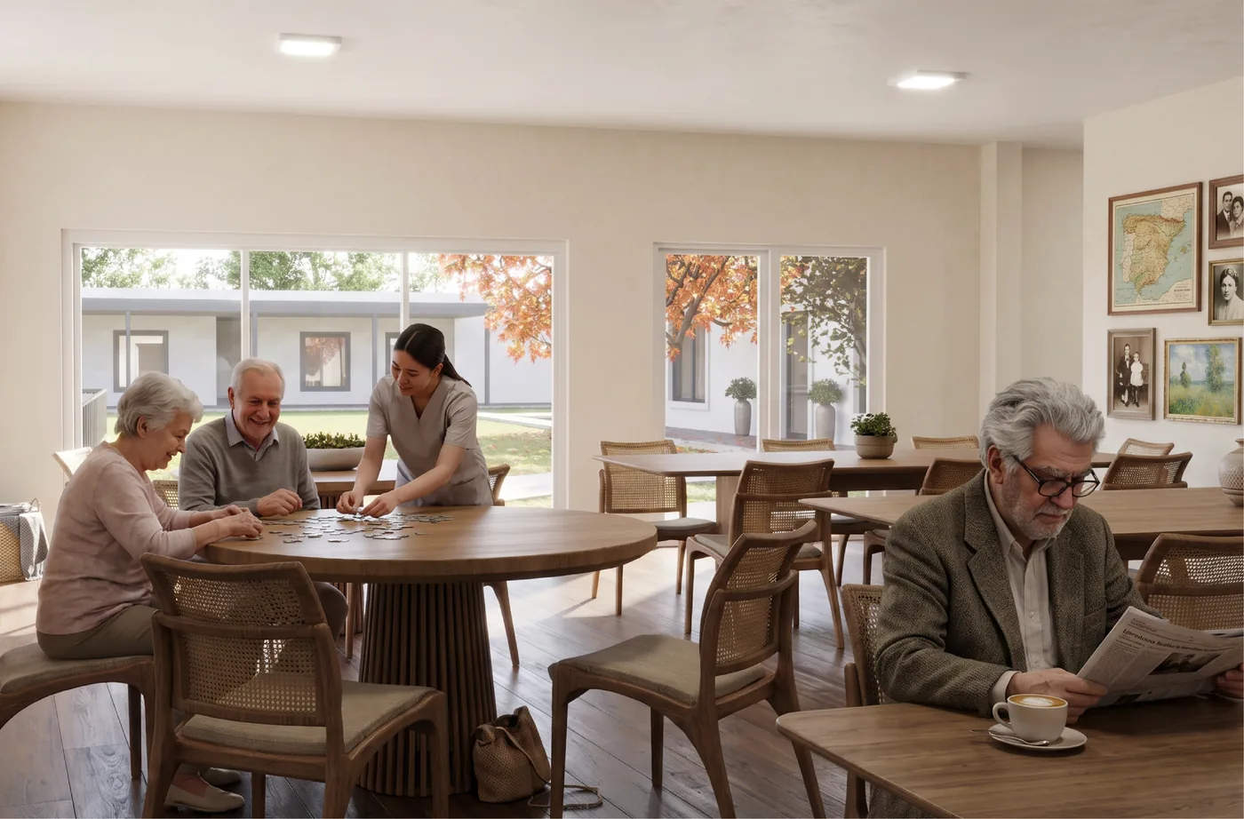 Render del comedor nuevo por dentro, con mesas y ventanales al parque